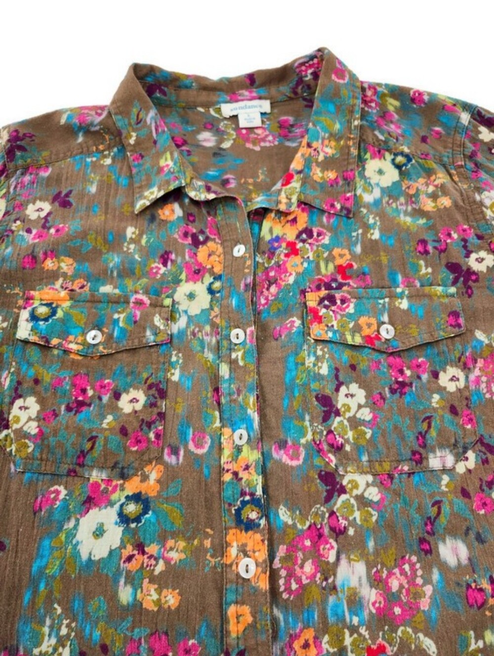 Sundance Olive Floral Joy 100% Cotton Lighweight Long Sleeve Button Down Blouse - Picture 5 of 11